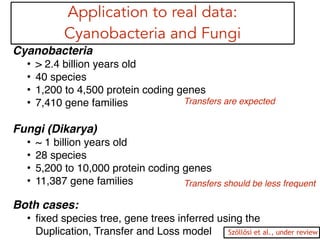 Application to real data:
Cyanobacteria and Fungi
Cyanobacteria!
• > 2.4 billion years old! !
• 40 species!
• 1,200 to 4,500 protein coding genes!
• 7,410 gene families!
!
Fungi (Dikarya)!
• ~ 1 billion years old!
• 28 species!
• 5,200 to 10,000 protein coding genes!
• 11,387 gene families!
!!
Both cases: !
• ﬁxed species tree, gene trees inferred using the
Duplication, Transfer and Loss model!
Transfers are expected
Transfers should be less frequent
Szöllősi et al., under review
 