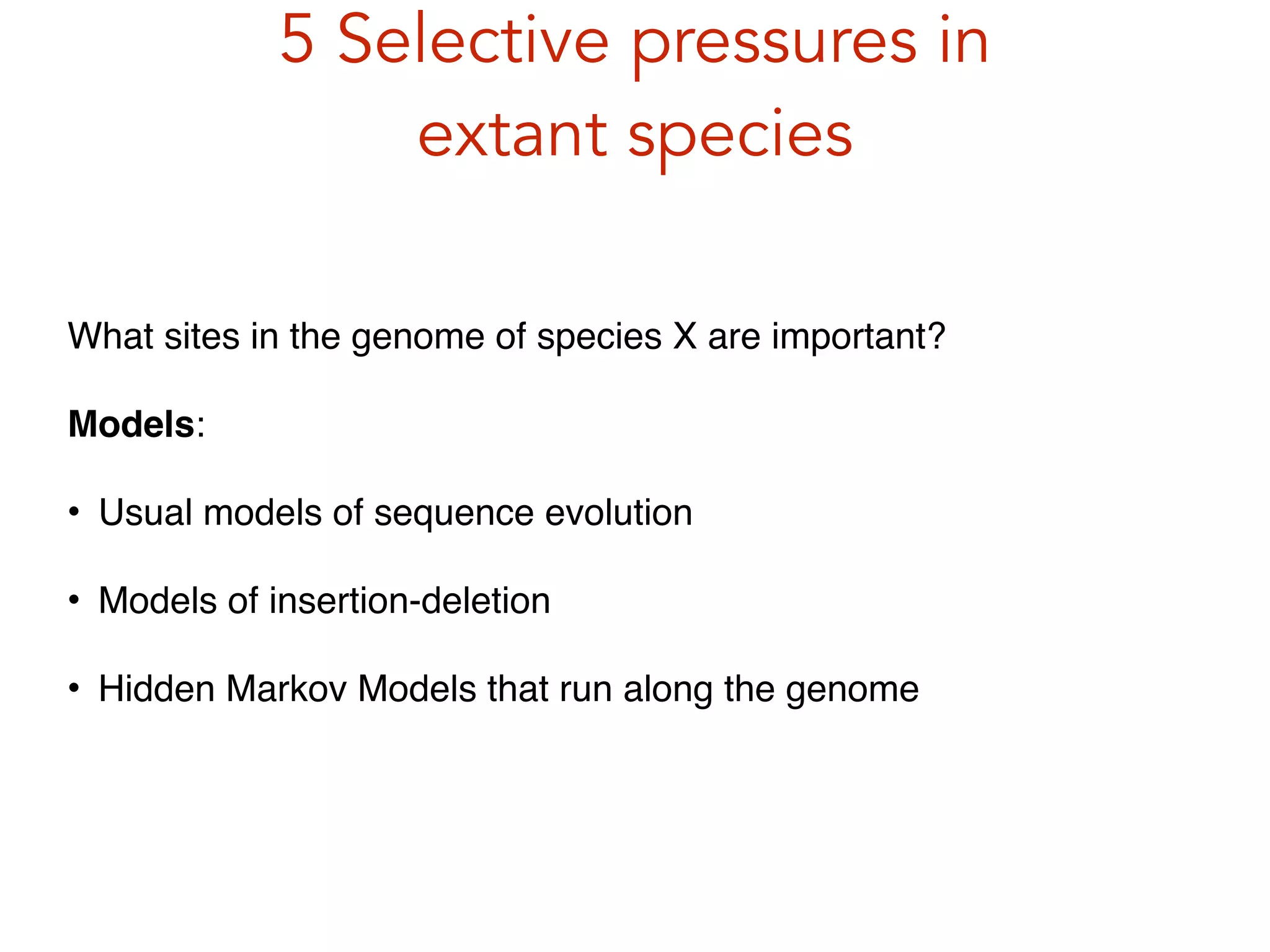 5 Selective pressures in
extant species
What sites in the genome of species X are important?!
Models:!
• Usual models of sequence evolution!
• Models of insertion-deletion!
• Hidden Markov Models that run along the genome!
 
