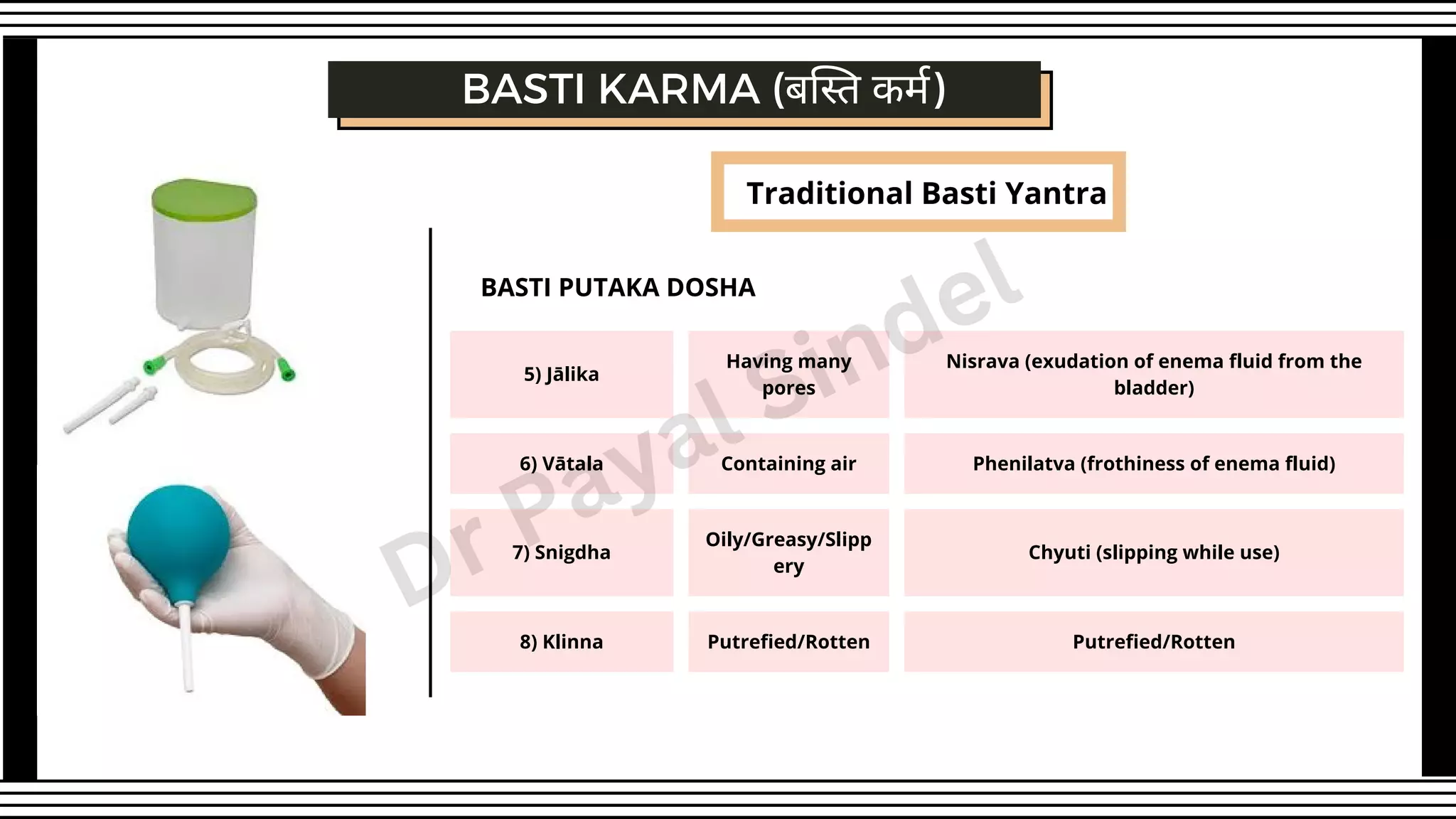 5) Jālika
Having many
pores
Nisrava (exudation of enema fluid from the
bladder)
6) Vātala Containing air Phenilatva (frothiness of enema fluid)
7) Snigdha
Oily/Greasy/Slipp
ery
Chyuti (slipping while use)
8) Klinna Putrefied/Rotten Putrefied/Rotten
BASTI KARMA (बस्ति कर्म)
BASTI PUTAKA DOSHA
Traditional Basti Yantra
Dr Payal Sindel
 
