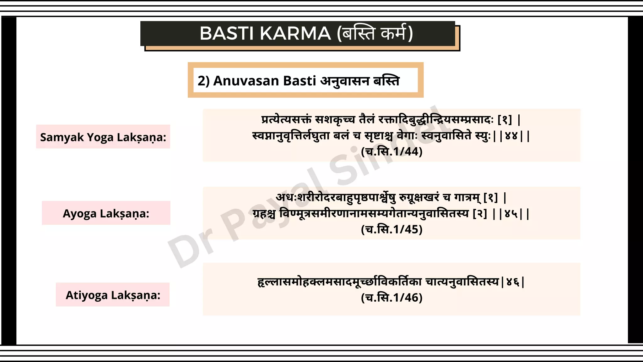 Samyak Yoga Lakṣaṇa:
BASTI KARMA (बस्ति कर्म)
Ayoga Lakṣaṇa:
Atiyoga Lakṣaṇa:
प्रत्येत्यसक्तं सशकृ च्च तैलं रक्तादिबुद्धीन्द्रियसम्प्रसादः [१] |
स्वप्नानुवृत्तिर्लघुता बलं च सृष्टाश्च वेगाः स्वनुवासिते स्युः||४४||
(च.सि.1/44)
अधःशरीरोदरबाहुपृष्ठपार्श्वेषु रुग्रूक्षखरं च गात्रम् [१] |
ग्रहश्च विण्मूत्रसमीरणानामसम्यगेतान्यनुवासितस्य [२] ||४५||
(च.सि.1/45)
हृल्लासमोहक्लमसादमूर्च्छाविकर्तिका चात्यनुवासितस्य|४६|
(च.सि.1/46)
2) Anuvasan Basti अनुवासन बस्ति
Dr Payal Sindel
 
