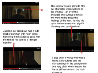 This is how we are going to film
our character when walking to
the window – an over the
shoulder shot (OTS). I think it
wi...