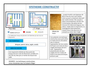SYSTHEME CONSTRUCTIF
SOURCES : Les techniques constructives
sismo résistantes dans la Casbah d'Alger
Plan RDC 1er étage
COLONE
MURS PORTEUR
Les différentes niveaux de plancher sont délimités par des murs en
maçonnerie
ESCALIER
Une maçonnerie réalisée par deux parois de
briques de terre cuite de dimensions variables (3 x
10 x 20 cm), liées par un mortier de chaux et de
sable
. La paroi murale a une épaisseur de
60 cm Tous les murs sont chaînés
entre eux par le croisement alternatif
des rondins de bois. Elle consiste à
placer horizontalement, de 50 en 50
cm de hauteur, des pièces de bois
d'environ 02 mètres de longueur. Ces
pièces, noyées dans la maçonnerie, se
prolongeaient alternativement
suivant chacun des deux murs et
venaient se croiser dans l'angle
MISE EN OUEVRE
Les matériaux
Briques, pierre ,terre, argile ,rondis
L'arc présente une technique
constructive assez particulière
au niveau de son articulation
avec la colonne :
Superposition de trois rondins
de thuya à une assise de deux
rangées de briques de terre
cuite . Superposition
perpendiculaire de deux
rangées de trois rondins de
thuya à une assise de briques
de terre cuite
Détails de
murs
Palis 18
 