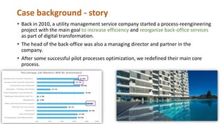 Case background - story
• Back in 2010, a utility management service company started a process-reengineering
project with ...