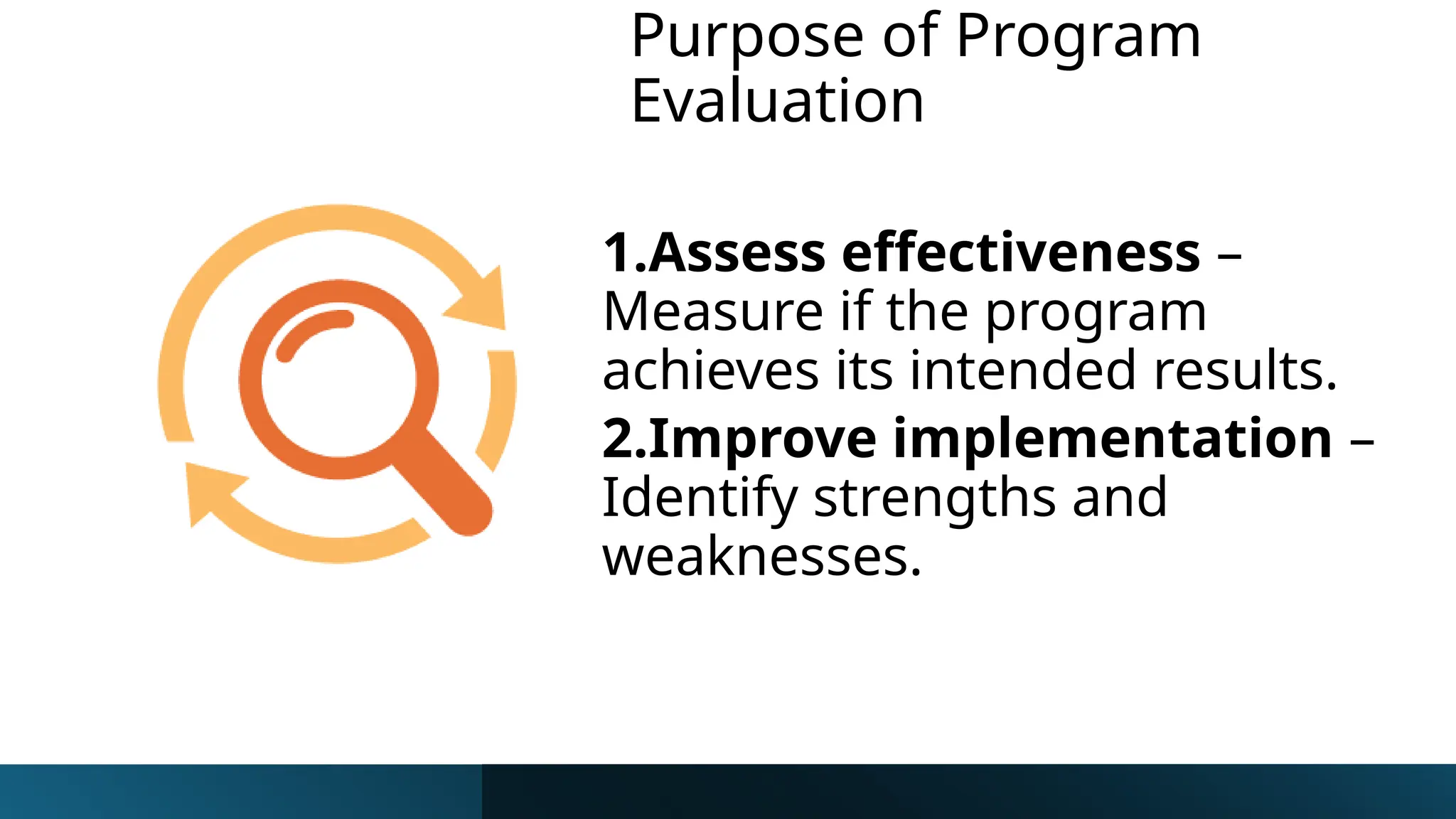 Purpose of Program
Evaluation
1.Assess effectiveness –
Measure if the program
achieves its intended results.
2.Improve implementation –
Identify strengths and
weaknesses.
 