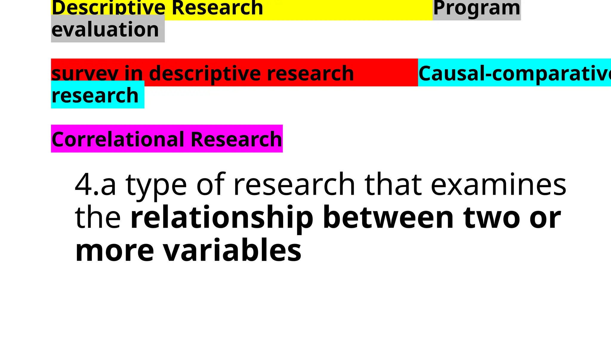 Descriptive Research Program
evaluation
survey in descriptive research Causal-comparative
research
Correlational Research
4.a type of research that examines
the relationship between two or
more variables
 