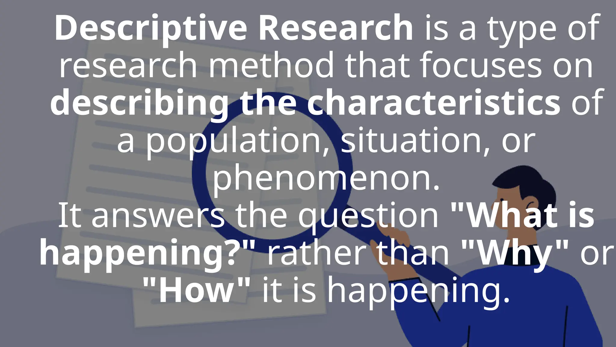 Descriptive Research is a type of
research method that focuses on
describing the characteristics of
a population, situation, or
phenomenon.
It answers the question "What is
happening?" rather than "Why" or
"How" it is happening.
 
