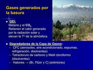 Gases generados por
la basura

    GEI:
    Metano y el CO2
    Retienen el calor generado
    por la radiación solar y
    elevan la To de la atmósfera.

   Degradadores de la Capa de Ozono:
    - CFC (aerosoles, aire acondicionado, espumas,
      refrigeración, disolventes)
    - Tetracloruro de carbono y Metil cloroformo
      (disolventes)
    - Halones → (Br, Flúor y C) (extintores)
 