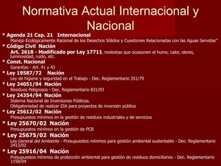 * Agenda 21 Cap. 21  Internacional Manejo Ecológicamente Racional de los Desechos Sólidos y Cuestiones Relacionadas con las Aguas Servidas” * Código Civil  Nación Art. 2618 - Modificado por Ley 17711 ,  molestias que ocasionen el humo, calor, olores, luminosidad, ruido, etc. * Const. Nacional   Garantías - Art. 41 y 43 * Ley 19587/72  Nación Ley de higiene y seguridad en el Trabajo - Dec. Reglamentario 351/79 * Ley 24051/94  Nación Residuos Peligrosos - Dec. Reglamentario 831/93 * Ley 24354/94  Nación Sistema Nacional de Inversiones Públicas.  Obligatoriedad de realizar EIA para proyectos de inversión pública * Ley 25612/02  Nación Presupuestos mínimos en la gestión de residuos industriales y de servicios * Ley 25670/02  Nación Presupuestos mínimos en la gestión de PCB * Ley 25675/02  Nación Ley General del Ambiente - Presupuestos mínimos para gestión ambiental sustentable - Dec. Reglamentario 2413/02 * Ley 25916/04  Nación Presupuestos mínimos de protección ambiental para gestión de residuos domiciliarios - Dec. Reglamentario 1158/04 Normativa Actual Internacional y Nacional 