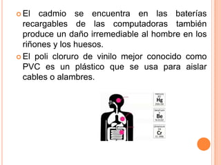  El  cadmio se encuentra en las baterías
  recargables de las computadoras también
  produce un daño irremediable al hombre en los
  riñones y los huesos.
 El poli cloruro de vinilo mejor conocido como
  PVC es un plástico que se usa para aislar
  cables o alambres.
 