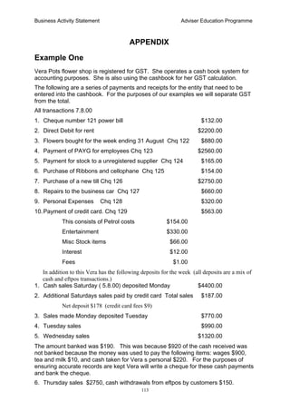 Business Activity Statement Adviser Education Programme
113
APPENDIX
Example One
Vera Pots flower shop is registered for GST. She operates a cash book system for
accounting purposes. She is also using the cashbook for her GST calculation.
The following are a series of payments and receipts for the entity that need to be
entered into the cashbook. For the purposes of our examples we will separate GST
from the total.
All transactions 7.8.00
1. Cheque number 121 power bill $132.00
2. Direct Debit for rent $2200.00
3. Flowers bought for the week ending 31 August Chq 122 $880.00
4. Payment of PAYG for employees Chq 123 $2560.00
5. Payment for stock to a unregistered supplier Chq 124 $165.00
6. Purchase of Ribbons and cellophane Chq 125 $154.00
7. Purchase of a new till Chq 126 $2750.00
8. Repairs to the business car Chq 127 $660.00
9. Personal Expenses Chq 128 $320.00
10.Payment of credit card. Chq 129 $563.00
This consists of Petrol costs $154.00
Entertainment $330.00
Misc Stock items $66.00
Interest $12.00
Fees $1.00
In addition to this Vera has the following deposits for the week (all deposits are a mix of
cash and eftpos transactions.)
1. Cash sales Saturday ( 5.8.00) deposited Monday $4400.00
2. Additional Saturdays sales paid by credit card Total sales $187.00
Net deposit $178 (credit card fees $9)
3. Sales made Monday deposited Tuesday $770.00
4. Tuesday sales $990.00
5. Wednesday sales $1320.00
The amount banked was $190. This was because $920 of the cash received was
not banked because the money was used to pay the following items: wages $900,
tea and milk $10, and cash taken for Vera s personal $220. For the purposes of
ensuring accurate records are kept Vera will write a cheque for these cash payments
and bank the cheque.
6. Thursday sales $2750, cash withdrawals from eftpos by customers $150.
 