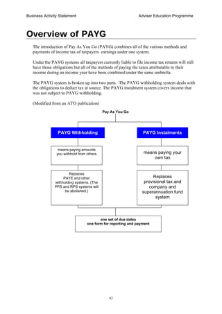 Business Activity Statement Adviser Education Programme
42
Overview of PAYG
The introduction of Pay As You Go (PAYG) combines all of the various methods and
payments of income tax of taxpayers earnings under one system.
Under the PAYG systems all taxpayers currently liable to file income tax returns will still
have those obligations but all of the methods of paying the taxes attributable to their
income during an income year have been combined under the same umbrella.
The PAYG system is broken up into two parts. The PAYG withholding system deals with
the obligations to deduct tax at source. The PAYG instalment system covers income that
was not subject to PAYG withholding.
(Modified from an ATO publication)
Pay As You Go
PAYG Withholding
means paying amounts
you withhold from others
Replaces
PAYE and other
withholding systems. (The
PPS and RPS systems will
be abolished.)
PAYG Instalments
means paying your
own tax
Replaces
provisional tax and
company and
superannuation fund
system
one set of due dates
one form for reporting and payment
 