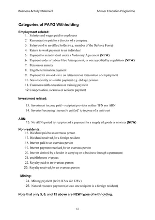 Business Activity Statement Adviser Education Programme
52
Categories of PAYG Withholding
Employment related:
1. Salaries and wages paid to employees
2. Remuneration paid to a director of a company
3. Salary paid to an office holder (e.g. member of the Defence Force)
4. Return to work payment to an individual
5. Payment to an individual under a Voluntary Agreement (NEW)
6. Payment under a Labour Hire Arrangement, or one specified by regulations (NEW)
7. Pension or annuity
8. Eligible termination payment
9. Payment for unused leave on retirement or termination of employment
10. Social security or similar payment e.g. old age pension
11. Commonwealth education or training payment
12.Compensation, sickness or accident payment
Investment related:
13. Investment income paid – recipient provides neither TFN nor ABN
14. Investor becoming ‘presently entitled’ to income of a unit trust
ABN:
15. No ABN quoted by recipient of a payment for a supply of goods or services (NEW)
Non-residents:
16. Dividend paid to an overseas person
17. Dividend received for a foreign resident
18. Interest paid to an overseas person
19. Interest payment received for an overseas person
20. Interest derived by a lender in carrying on a business through a permanent
21. establishment overseas
22. Royalty paid to an overseas person
23. Royalty received for an overseas person
Mining:
24. Mining payment (refer ITAA sec 128V)
25. Natural resource payment (at least one recipient is a foreign resident)
Note that only 5, 6, and 15 above are NEW types of withholding.
 