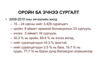 ОРОЙН БА ЭЧНЭЭ СУРГАЛТ2009-2010 оны хичээлийн жилд15 – 24 насны нийт 3,428 суралцагч оройн: 9 аймагт ерөнхий боловсролын 23 сургууль, эчнээ:  5 аймагт 16 сургууль30.3 % нь оройн, 69.6 % нь эчнээ ангид, нийт суралцагчдын 43.3 % эмэгтэй нийт суралцагчдын 2.5 % нь бага, 19.7 % нь суурь, 77.7 % нь бүрэн дунд боловсрол эзэмшихээр