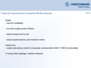 18/27Goals for improvement of industrial WLAN networks
Goals:
- rise the availability
- no more single points of failure
- easy-to-setup and to use
- reduce packet latency and handover times
Achieve by:
- create redundancy (which is basically controversial to 802.11 MAC functionality)
 using other topology: meshed networks
 