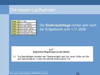 20Der neue Tarifvertrag im öffentlichen Dienst
Die neuen Laufbahnen
Die Stufenaufstiege richten sich nach
der Entgeltstufe zum 1.11.2008
 
