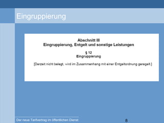 8Der neue Tarifvertrag im öffentlichen Dienst
Eingruppierung
 
