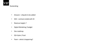Oustanding
• Amazon – eliquids to be added
• SEO – contract ended with ID
• Revenue targets ?
• Digital Marketing / budget
• Dev roadmap
• Q3-4 plan / fcast
• Team – what is happening?
 