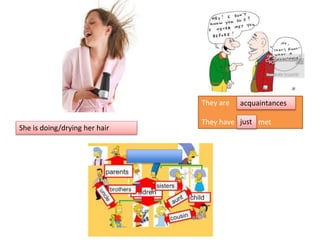 They are
They have _____ met
acquaintances
She is doing/drying her hair
just
 