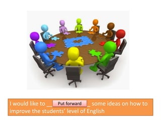 I would like to ______________ some ideas on how to
improve the students’ level of English
Put forward
 