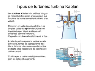 Tipus de turbines: turbina Kaplan
Les turbines Kaplan són turbines d'aigua
de reacció de flux axial, amb un rodet que
funciona de manera semblant a l'hèlix d'un
vaixell.
S'empren en salts de petita alçària. Les
àmplies pales o àleps de la turbina són
impulsades per aigua a alta pressió
alliberada per una comporta.
L'aigua hi circula en el mateix sentit a l'eix.
A més de poder regular la inclinació dels
deflectors, també es pot regular la dels
àleps del rotor, de manera que la turbina
s'adapta a les necessitats de potència de
cada moment.
S'utilitza per a petits salts i grans cabals,
com els dels embassaments

 