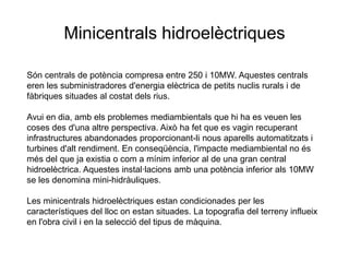 Minicentrals hidroelèctriques
Són centrals de potència compresa entre 250 i 10MW. Aquestes centrals
eren les subministradores d'energia elèctrica de petits nuclis rurals i de
fàbriques situades al costat dels rius.
Avui en dia, amb els problemes mediambientals que hi ha es veuen les
coses des d'una altre perspectiva. Això ha fet que es vagin recuperant
infrastructures abandonades proporcionant-li nous aparells automatitzats i
turbines d'alt rendiment. En conseqüència, l'impacte mediambiental no és
més del que ja existia o com a mínim inferior al de una gran central
hidroelèctrica. Aquestes instal·lacions amb una potència inferior als 10MW
se les denomina mini-hidràuliques.
Les minicentrals hidroelèctriques estan condicionades per les
característiques del lloc on estan situades. La topografia del terreny influeix
en l'obra civil i en la selecció del tipus de màquina.

 