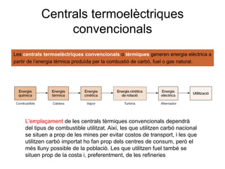 Centrals termoelèctriques
convencionals
Les centrals termoelèctriques convencionals o tèrmiques generen energia elèctrica a
partir de l’energia tèrmica produïda per la combustió de carbó, fuel o gas natural.

L'emplaçament de les centrals tèrmiques convencionals dependrà
del tipus de combustible utilitzat. Així, les que utilitzen carbó nacional
se situen a prop de les mines per evitar costos de transport, i les que
utilitzen carbó importat ho fan prop dels centres de consum, però el
més lluny possible de la població. Les que utilitzen fuel també se
situen prop de la costa i, preferentment, de les refineries

 