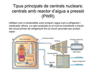 Tipus principals de centrals nuclears:
centrals amb reactor d’aigua a pressió
(PWR)
Utilitzen com a combustible urani enriquit i aigua com a refrigerant i
moderador alhora. La calor produïda en el nucli es transfereix a través
del circuit primari de refrigeració fins al circuit secundari per produir
vapor.

 