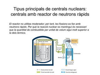 Tipus principals de centrals nuclears:
centrals amb reactor de neutrons ràpids
El reactor no utilitza moderador; per tant, les fissions es fan amb
neutrons ràpids. Per què la reacció nuclear es mantingui és necessari
que la quantitat de combustible per unitat de volum sigui molt superior a
la dels tèrmics.

 