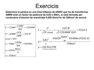 Exercicis
Determina la pèrdua en una línia trifàsica de 220KV que ha de transformar
30MW amb un factor de potència de 0,85 a 50km, si està formada per
conductors d’alumini de resistivitat 0,028 Ωmm²/m de 350mm² de secció.

1.000V
220KV ·
220.000V
1KV
106 W
P 30MW ·
3·107 W
1MW
cos
0,85
1.000m
L 50km·
50.000m
1km
mm 2
0,028
m
s 350mm 2

V

I

P
3V cos

3·107 W
3·220.000V ·0,85

92,62 A

mm 2
3·0,028
·50.000m·(92,62 A) 2
2
3 LI
m
p
s
350mm 2
p 102.941,57W

 