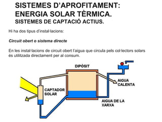 SISTEMES D’APROFITAMENT:
ENERGIA SOLAR TÈRMICA.
SISTEMES DE CAPTACIÓ ACTIUS.
Hi ha dos tipus d’instal·lacions:
Circuit obert o sistema directe
En les instal·lacions de circuit obert l’aigua que circula pels col·lectors solars
és utilitzada directament per al consum.

 