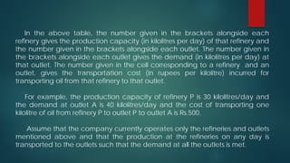 In the above table, the number given in the brackets alongside each
refinery gives the production capacity (in kilolitres per day) of that refinery and
the number given in the brackets alongside each outlet. The number given in
the brackets alongside each outlet gives the demand (in kilolitres per day) at
that outlet. The number given in the cell corresponding to a refinery and an
outlet, gives the transportation cost (in rupees per kilolitre) incurred for
transporting oil from that refinery to that outlet.
For example, the production capacity of refinery P is 30 kilolitres/day and
the demand at outlet A is 40 kilolitres/day and the cost of transporting one
kilolitre of oil from refinery P to outlet P to outlet A is Rs.500.
Assume that the company currently operates only the refineries and outlets
mentioned above and that the production at the refineries on any day is
transported to the outlets such that the demand at all the outlets is met.

 
