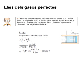 Lleis dels gasos perfectes

      E12. Dins d’un cilindre hi ha aire a 18 ºC amb un volum inicial d’1L a 1 atm de
      pressió. Si desplacem l’èmbol de manera que el volum es redueixi a 1/8 part del
      volum inicial i la temperatura s’incrementi en 5 ºC, determina la pressió final.
      Considerem l’aire un gas ideal o perfecte.
 