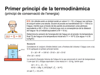 Primer principi de la termodinàmica
(principi de conservació de l’energia)

               E15. Un cilindre amb un èmbol conté un volum V = 10 L d’aigua i es col·loca
               el conjunt sobre una estufa. Durant el procés es transfereixen Q1 = 100 kJ a
               l‘aigua, mentre que a través de les parets es produeixen unes pèrdues
               equivalents a Q2 = 25 kJ. L’èmbol puja com a conseqüència de la dilatació
               de l’aigua i fa un treball equivalent a W = 15 kJ.
               Determina la variació de l’energia ΔU de l’aigua en el procés i la temperatura
ΔU = Q + W     final T2 de l’aigua si la temperatura inicial era T1 = 18 ºC (Ce aigua = 4,18
               kJ/kgºC)
 