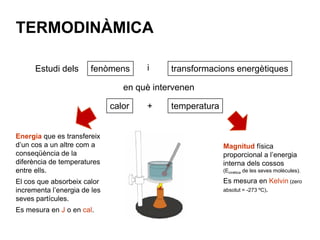 TERMODINÀMICA

      Estudi dels      fenòmens       i     transformacions energètiques

                                 en què intervenen

                              calor   +     temperatura


Energia que es transfereix
d’un cos a un altre com a                                 Magnitud física
conseqüència de la                                        proporcional a l’energia
diferència de temperatures                                interna dels cossos
entre ells.                                               (Ecinètica de les seves molècules).

El cos que absorbeix calor                                Es mesura en Kelvin (zero
incrementa l’energia de les                               absolut = -273 ºC).
seves partícules.
Es mesura en J o en cal.
 
