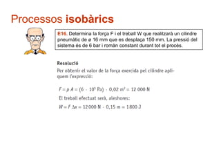 Processos isobàrics
        E16. Determina la força F i el treball W que realitzarà un cilindre
        pneumàtic de ø 16 mm que es desplaça 150 mm. La pressió del
        sistema és de 6 bar i romàn constant durant tot el procés.
 