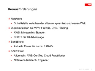 Herausforderungen
SBB • IT • OM • 23.03.2018 7
 Netzwerk
▪ Schnittstelle zwischen der alten (on-premise) und neuen Welt
 Durchlaufzeiten bei VPN, Firewall, DNS, Routing
▪ AWS: Minuten bis Stunden
▪ SBB: 2 bis 40 Arbeitstage
 Bandbreite
▪ Aktuelle Peaks bis zu ca. 1 Gbit/s
 Know-How
▪ Allgemein: AWS Certified Cloud Practitioner
▪ Netzwerk Architect / Engineer
 