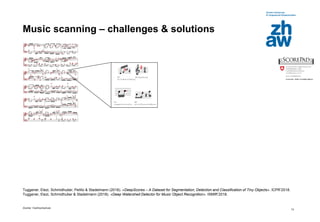 Zürcher Fachhochschule
13
Music scanning – challenges & solutions
Tuggener, Elezi, Schmidhuber, Pelillo & Stadelmann (2018). «DeepScores – A Dataset for Segmentation, Detection and Classification of Tiny Objects». ICPR’2018.
Tuggener, Elezi, Schmidhuber & Stadelmann (2018). «Deep Watershed Detector for Music Object Recognition». ISMIR’2018.
 