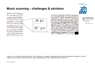 Zürcher Fachhochschule
14
Music scanning – challenges & solutions
Tuggener, Elezi, Schmidhuber, Pelillo & Stadelmann (2018). «DeepScores – A Dataset for Segmentation, Detection and Classification of Tiny Objects». ICPR’2018.
Tuggener, Elezi, Schmidhuber & Stadelmann (2018). «Deep Watershed Detector for Music Object Recognition». ISMIR’2018.
,
 