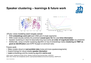 Zürcher Fachhochschule
20
Speaker clustering – learnings & future work
«Pure» voice modeling seem largely solved
• RNN embeddings work well (see t-SNE plot of single segments)
• RNN model robustly exhibits the predicted «sweet spot» for the used time information
• Speaker clustering on clean & reasonably long input works an order of magnitude better (as predicted)
• Additionally, using a smarter clustering algorithm on top of embeddings makes clustering on TIMIT as
good as identification (see ICPR’18 paper on dominant sets)
Future work
• Make models robust on real-worldish data (noise and more speakers/segments)
• Exploit findings for robust reliable speaker diarization
• Learn embeddings and the clustering algorithm end to end
Hibraj, Vascon, Stadelmann & Pelillo (2018). «Speaker Clustering Using Dominant Sets». ICPR’2018.
Meier, Elezi, Amirian, Dürr & Stadelmann (2018). «Learning Neural Models for End-to-End Clustering». ANNPR’2018.
 