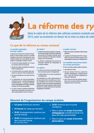 La réforme des ryt
                                        Dans le cadre de la réforme des rythmes scolaires conduite par
                                        2013, pour se prononcer en faveur de la mise en place de cette


    Ce que dit la réforme au niveau national
    La nouvelle organisation                              Qui décide ?                                           Le public concerné :
    du temps scolaire :                                   •	 Le Maire transmet les propositions d’organisa-      •	 Élèves des écoles maternelles et élémentaires
    Le Décret du 24 janvier 2013 relatif à l’organi-         tion du temps scolaire au directeur académique         publiques.
    sation du temps scolaire prévoit une nouvelle            des services de l’Éducation nationale, après        •	 S’agissant de l’Enseignement Privé, l’organi-
    répartition des heures d’enseignement, sans              avis de l’inspecteur de l’Éducation nationale          sation des rythmes scolaires demeure de la
    modifier toutefois leur durée globale. Ainsi est         chargé de la circonscription.                          responsabilité de chaque chef d’établissement.
    instaurée l’organisation scolaire suivante :          •	 Le directeur académique des services de
    •	 24 heures de classe réparties sur 4,5 jours           l’Éducation nationale fixe l’organisation de        Les modalités d’accueil des enfants
       par semaine durant 36 semaines.                       la semaine scolaire.                                sur le temps périscolaire :
    •	 Une journée scolaire comportant au maximum         Les options :                                          À l’issue du temps scolaire redéfini, les élèves :
       5h30 d’enseignement.                                                                                      •	 Soit quitteront l’école.
                                                          •	 Le choix du mercredi ou du samedi matin au
    •	 Le mercredi matin ou le samedi matin com-             titre de la demi-journée d’enseignement.            •	 Soit pour certains d’entre eux, suivront les
       portant au maximum 3h30 d’enseignement.                                                                      activités pédagogiques complémentaires
                                                          •	 L’augmentation de la durée quotidienne
    •	 Une pause méridienne d’une durée minimum              d’enseignement.                                        pour 1 heure par semaine (organisées par
       d’1h30.                                                                                                      l’Education Nationale).
                                                          Ces dérogations au cadre réglementaire de
    •	 La suppression de l’aide personnalisée,            principe peuvent être accordées par le Direc-          •	 Soit s’inscriront dans les garderies périsco-
       remplacée par des « activités pédagogiques         teur académique des services de l’Éducation               laires ou les accueils de loisirs périscolaires
       complémentaires » en groupes restreints,           nationale, lorsque ces demandes apparaissent              (organisés par les communes).
       sous la responsabilité de l’Éducation nationale,   justifiées par les particularités du projet éducatif
       à hauteur de 26 heures annuelles.                  territorial et qu’elles présentent des garanties
    •	 La mise en place d’activités périscolaires         pédagogiques suffisantes.
       relevant de la compétence communale, d’une
       durée hebdomadaire d’environ 3 heures.




    Résumé de l’organisation du temps scolaire
       √	 4,5 jours d'école par semaine                                               √	 1h30 minimum pour la pause
                                                                                         méridienne
       √	 24 heures de classe par semaine
                                                                                      √	 Mise en place de temps d'activités
       √	 5h30 d'enseignement maximum par                                                pédagogiques complémentaires à la
          journée d'école                                                                place de l'aide personnalisée
       √	 3h30 d'enseignement maximum par                                             √	 Mise en place de temps d'activités
          demi-journée d'école                                                           périscolaires
            (le mercredi matin)



4
 