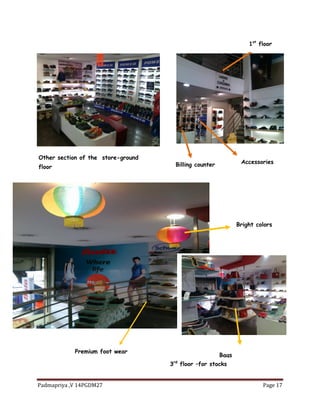 Padmapriya ,V 14PGDM27 Page 17
ags
Other section of the store-ground
floor Billing counter
1st
floor
Accessories
Bright colors
Premium foot wear
Bags
3rd
floor –for stocks
 