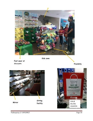 Padmapriya ,V 14PGDM27 Page 18
Proximity
Kids zone
Foot wear at
discounts
Sitting
facility
Mirror
CSR @
BILLING
COUNTER
 