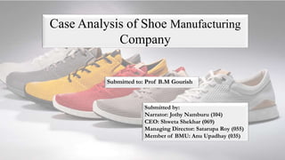 Case Analysis of Shoe Manufacturing
Company
Submitted to: Prof B.M Gourish
Submitted by:
Narrator: Jothy Namburu (104)
CEO: Shweta Shekhar (069)
Managing Director: Satarupa Roy (055)
Member of BMU: Anu Upadhay (035)
 