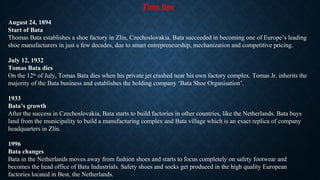 Time line
August 24, 1894
Start of Bata
Thomas Bata establishes a shoe factory in Zlín, Czechoslovakia. Bata succeeded in becoming one of Europe’s leading
shoe manufacturers in just a few decades, due to smart entrepreneurship, mechanization and competitive pricing.
July 12, 1932
Tomas Bata dies
On the 12th
of July, Tomas Bata dies when his private jet crashed near his own factory complex. Tomas Jr. inherits the
majority of the Bata business and establishes the holding company ‘Bata Shoe Organisation’.
1933
Bata’s growth
After the success in Czechoslovakia, Bata starts to build factories in other countries, like the Netherlands. Bata buys
land from the municipality to build a manufacturing complex and Bata village which is an exact replica of company
headquarters in Zlín.
1996
Bata changes
Bata in the Netherlands moves away from fashion shoes and starts to focus completely on safety footwear and
becomes the head office of Bata Industrials. Safety shoes and socks get produced in the high quality European
factories located in Best, the Netherlands.
 