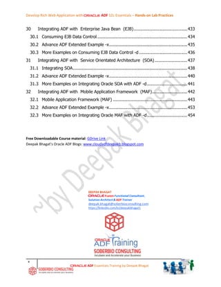 Develop Rich Web Application with ADF 12c Essentials – Hands-on Lab Practices
x
ADF Essentials Training by Deepak Bhagat
30 Integrating ADF with Enterprise Java Bean (EJB).........................................433
30.1 Consuming EJB Data Control .....................................................................434
30.2 Advance ADF Extended Example -x............................................................435
30.3 More Examples on Consuming EJB Data Control -d .....................................436
31 Integrating ADF with Service Orientated Architecture (SOA).........................437
31.1 Integrating SOA........................................................................................438
31.2 Advance ADF Extended Example -x............................................................440
31.3 More Examples on Integrating Oracle SOA with ADF -d...............................441
32 Integrating ADF with Mobile Application Framework (MAF)...........................442
32.1 Mobile Application Framework (MAF) .........................................................443
32.2 Advance ADF Extended Example -x............................................................453
32.3 More Examples on Integrating Oracle MAF with ADF -d...............................454
Free Downloadable Course material: GDrive Link
Deepak Bhagat’s Oracle ADF Blogs: www.cloudadfdeepakb.blogspot.com
 