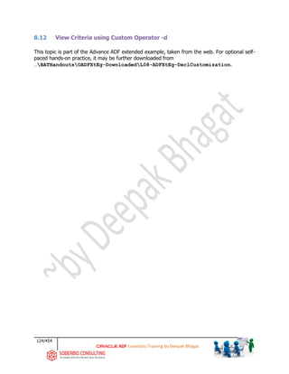 124/454
ADF Essentials Training by Deepak Bhagat
8.12 View Criteria using Custom Operator -d
This topic is part of the Advance ADF extended example, taken from the web. For optional self-
paced hands-on practice, it may be further downloaded from
…BATHandoutsOADFXtEg-DownloadedL08-ADFXtEg-DeclCustomization.
 