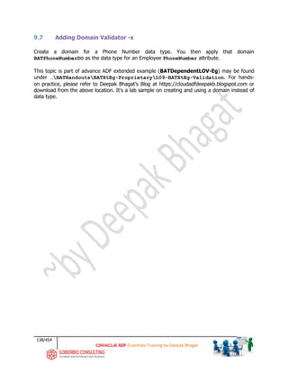 138/454
ADF Essentials Training by Deepak Bhagat
9.7 Adding Domain Validator -x
Create a domain for a Phone Number data type. You then apply that domain
BATPhoneNumberDO as the data type for an Employee PhoneNumber attribute.
This topic is part of advance ADF extended example (BATDependentLOV-Eg) may be found
under …BATHandoutsBATXtEg-ProprietaryL09-BATXtEg-Validation. For hands-
on practice, please refer to Deepak Bhagat’s Blog at https://cloudadfdeepakb.blogspot.com or
download from the above location. It's a lab sample on creating and using a domain instead of
data type.
 