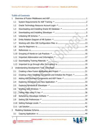 Develop Rich Web Application with ADF 12c Essentials – Hands-on Lab Practices
i
ADF Essentials Training by Deepak Bhagat
Table of Contents
1 Overview of Fusion Middleware and ADF ..............................................................1
1.1 System Requirements for ADF Training -* ......................................................2
1.2 Oracle Technology Resource Account Login -*................................................3
1.3 Downloading and Installing Oracle XE Database -* .........................................4
1.4 Downloading and Installing JDeveloper -*......................................................5
1.5 Unlocking HR Schema -*...............................................................................9
1.6 Entity Relation Diagram of HR System -*......................................................11
1.7 Working with JDev IDE Configuration Files -o ...............................................13
1.8 Java for Beginners -o ..................................................................................14
1.9 References -o.............................................................................................15
1.10 Grouping of Hands-on Lab Practices -* ........................................................16
1.11 Important Abbreviation and Information -* ..................................................17
1.12 Downloading Training Materials -*...............................................................18
1.13 Important to go through after the training -o ...............................................19
2 Understanding Development Tool: JDeveloper....................................................20
2.1 Creating a New Fusion Application and Project -* .........................................21
2.2 Creating a New Database Connection and Initialize the Project -*..................25
2.3 Adding ADF Business Components and ADF Faces -* ....................................27
2.4 Exploring JDeveloper and New Application -* ...............................................33
2.5 Exploring Windows of JDeveloper -* ............................................................34
2.6 Working with Windows -*............................................................................35
2.7 Taking Help using F1 key -* ........................................................................36
2.8 Refactoring JDeveloper Artifacts -* ..............................................................37
2.9 Setting IDE Preferences -* ..........................................................................39
2.10 Setting Package Levels -*............................................................................41
2.11 Lab Solution ...............................................................................................42
3 Modeling Database Schema...............................................................................43
3.1 Copying Application -o ................................................................................44
 