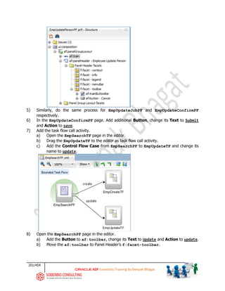 201/454
ADF Essentials Training by Deepak Bhagat
5) Similarly, do the same process for EmpUpdateJobPF and EmpUpdateConfirmPF
respectively.
6) In the EmpUpdateConfirmPF page. Add additional Button, change its Text to Submit
and Action to save.
7) Add the task flow call activity.
a) Open the EmpSearchTF page in the editor.
b) Drag the EmpUpdateTF to the editor as task flow call activity.
c) Add the Control Flow Case from EmpSearchPF to EmpUpdateTF and change its
name to update.
8) Open the EmpSearchPF page in the editor.
a) Add the Button to af:toolbar, change its Text to Update and Action to update.
b) Move the af:toolbar to Panel Header’s f:facet-toolbar.
 