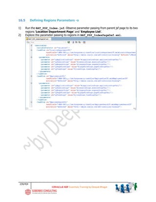 239/454
ADF Essentials Training by Deepak Bhagat
16.5 Defining Regions Parameters -o
1) Run the BAT_PSP_Index.jsf. Observe parameter passing from parent jsf page to its two
regions ‘Location Department Page’ and ‘Employee List’.
2) Explore the parameter passing to regions in BAT_PSP_IndexPageDef.xml.
BAT
bat
bat
bat
 